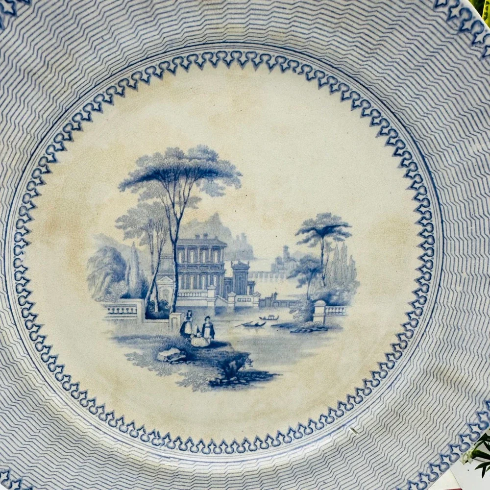 Vintage Doria Ironstone Light Blue Transferware Scenic Dinner Plate 9.5